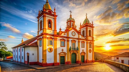 Naklejka premium Majestic Church Landscape: White & Yellow Walls, Twin Orange-Windowed Towers