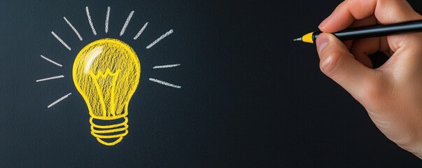 A hand is drawing a light bulb on a chalkboard, symbolizing ideas, creativity, and innovation with bright yellow chalk.