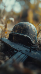 Abandoned soldier's helmet and rifle on the ground in nature  
