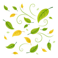 Obraz premium A vibrant assortment of green and yellow leaves swirling in a whimsical pattern.