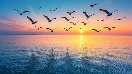 Birds soar over a vibrant sunrise sea
