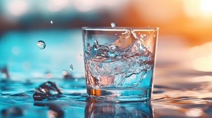 glass of water on blue background