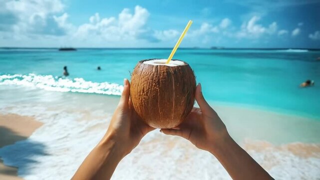 Refreshing coconut drink in hands, tropical mood, by the azure ocean and sandy beach.