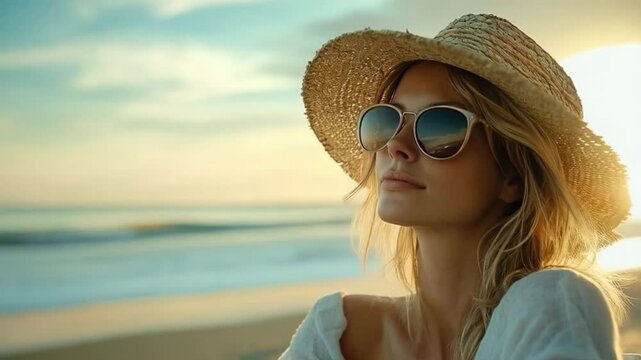 Beautiful woman in straw hat, relaxed mood, enjoying sunset on the beach.
