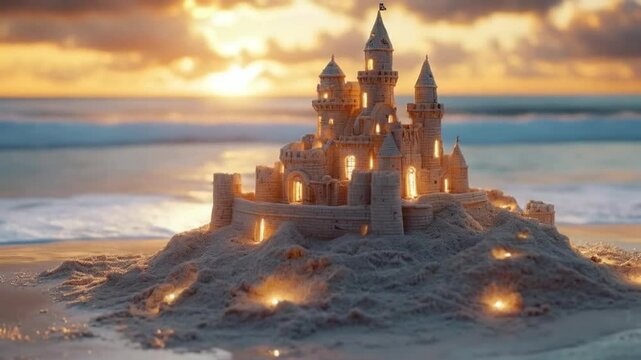 Beautiful sandcastle at sunset, magical mood, illuminated by warm golden light.