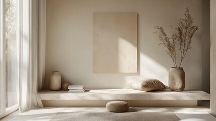 Warm natural light filters through sheer curtains, highlighting a minimalistic interior