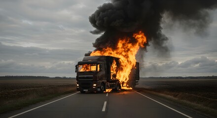 Truck on fire on empty road. Dramatic vehicle accident scene. Burning lorry with flames and black smoke. Emergency and disaster concept. Dangerous transportation incident.