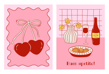 Set of hand drawn vintage posters in trendy style. Whimsical drawings of cherry with bow, pasta, wine and glass. Coquette girly design. Contemporary art vector illustrations