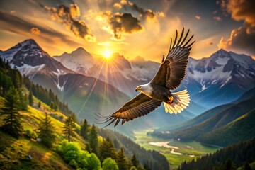 Majestic Eagle in Flight Over Lush Green Mountains - Bokeh Background Stock Photo