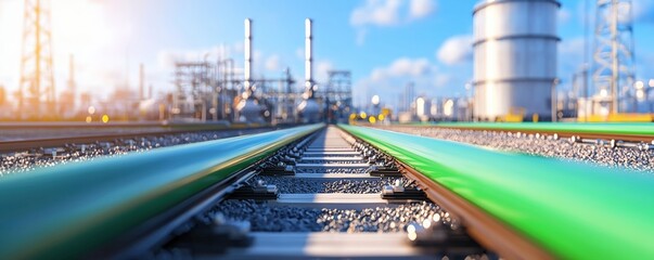 A perspective view of railway tracks leading towards an industrial landscape, featuring distant structures against a blue sky, Green Technology.