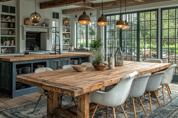 A spacious kitchen and dining area with natural light shining through