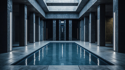 Futuristic indoor pool in a dark, minimal architectural setting with modern lighting and symmetrical design.