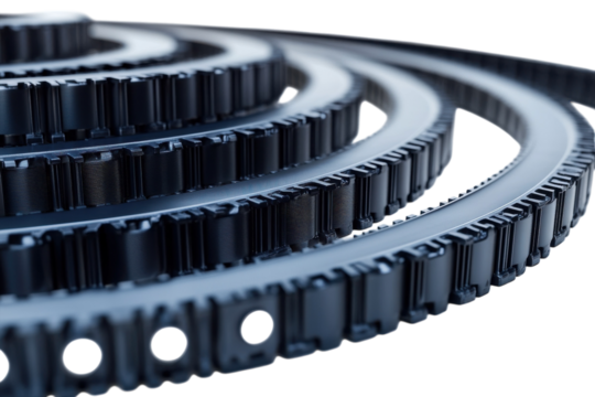Precisely Engineered Dark Grey Timing Belts Layered In A Captivating Spiral, Showcasing Intricate Details And Seamless Craftsmanship Isolated on Transparent Background