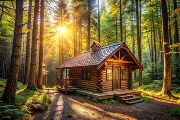 Majestic Forest Canopy Architecture: Wooden Cabin nestled in Lush Trees