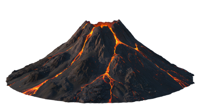Volcano with lava flowing down its sides transparent background