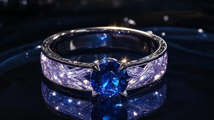 A sapphire ring with crystalline veins that glow softly as if channeling hidden cosmic energy