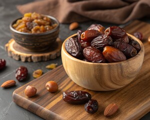 Aesthetic Presentation of Fresh Dates and Dry Fruits on Wooden Platter