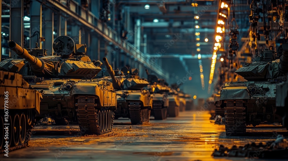 Poster an expansive factory is filled with military tanks meticulously lined up for assembly. dim overhead 
