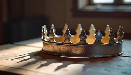 Vintage metal crown casting shadows on a wooden table with warm light from a window
