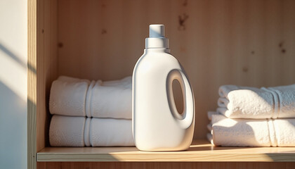 Liquid laundry detergent bottle displayed on a wooden shelf with neatly folded towels