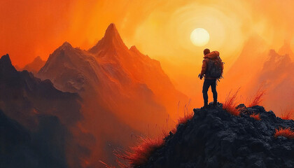 Hiker admiring the sunset over mountain peaks in a stunning landscape artwork