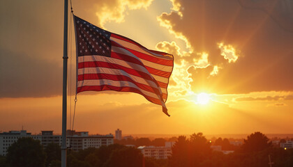 American flag waving during a sunset with a dramatic sky and silhouette of a cityscape