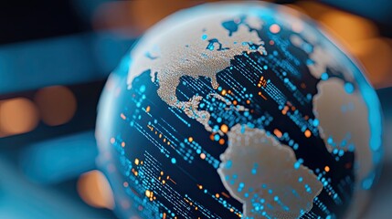 A globe made up of digital elements such as data blocks and lines, symbolizing the technological future 