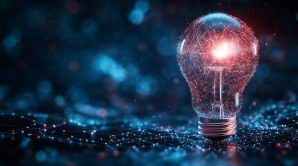Light bulb with a glowing effect made of lines and dots on a dark background, symbolizing an idea or innovation in the technology industry. 