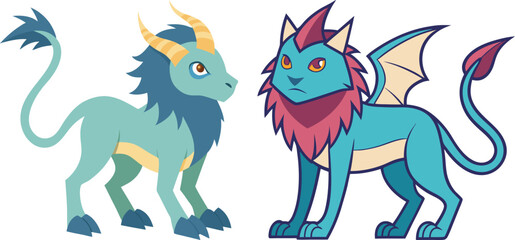 Vector Illustration of Mythical Creature Designs, A pair of unique mythical creatures featuring dragon-like features, horns, and wings, designed in a playful, colorful style.
