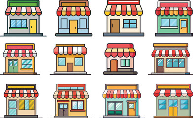 Vector Illustration of Small Shop Front Designs, A collection of small shop front designs with various storefront styles and colorful awnings, ideal for retail or commercial themes.
