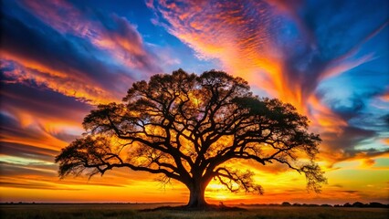 Majestic Live Oak Silhouette at Sunset, Southern Charm, Nature Photography