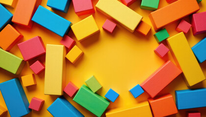 Colorful wooden blocks on a bright yellow background with copy space