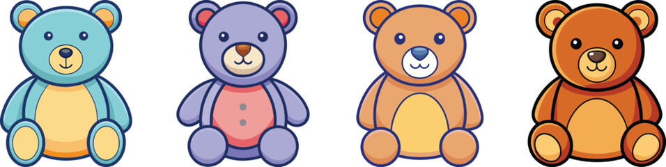 Vector Illustration of Adorable Teddy Bears, A series of cute teddy bear designs in soft colors, perfect for children's themes or playful, friendly illustrations.
