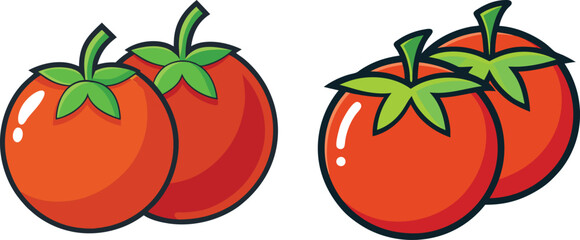 Vector Illustration of Tomato Designs, A set of two tomato illustrations, featuring ripe red tomatoes with green stems in a clean, simple style.
