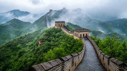 Fototapeta premium Expansive view of the Great Wall amid misty mountains in China showcasing historic architecture and lush green surroundings