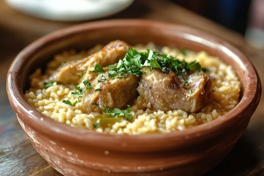 A bowl of arroz con perdiz with partridge and rice