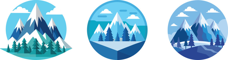 Naklejka premium Vector Illustration of Mountain Landscapes, Three stylized mountain landscape designs showcasing snowy peaks, forests, and serene skies in cool, calming colors. 