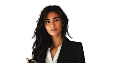 Elegance and Confidence: A poised woman, exuding professional confidence, holds a phone, dressed in a business suit, with a focused gaze that suggests readiness and resolve.
