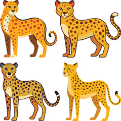 Vector Illustration of Cartoon Cheetah Characters, Four playful cartoon cheetah characters with various poses and spots in a colorful design.
