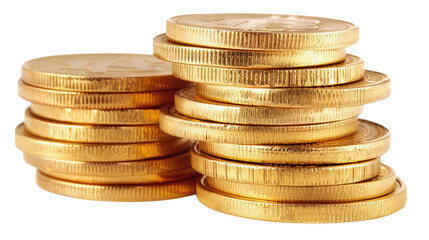 Golden Stacks: Shiny stacks of gold coins, reflecting light, symbolizing wealth, prosperity, and financial success. The image radiates affluence.