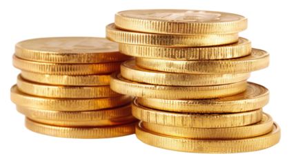 Golden Stacks: Shiny stacks of gold coins, reflecting light, symbolizing wealth, prosperity, and financial success. The image radiates affluence.