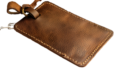 Leather Luggage Tag: An overhead shot of a brown leather luggage tag with a knotted tie against an uncluttered background, showcasing quality and craftsmanship.