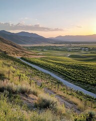 Hillside Vineyard and Valley Landscape at Sunset