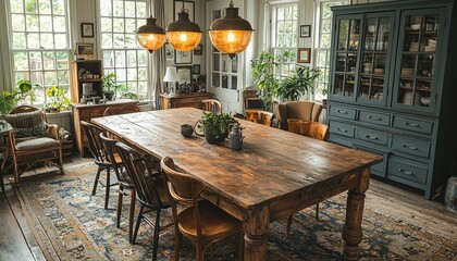 A rustic dining room with a large wooden table and chairs