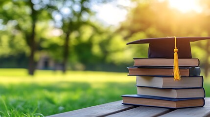 A Graduation Cap Resting on Books in a Green Outdoor Scene