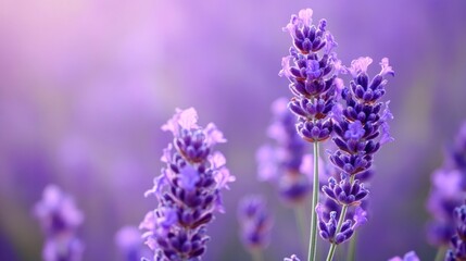 Obraz premium Blooming Lavender Flowers in Field with Soft Purple Light Background