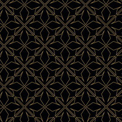 Abstract geometric pattern with crosses, stripes, lines. Seamless vector background. Black and gold ornament. Modern reticulated graphic design.