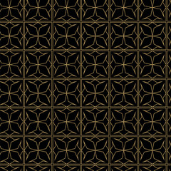 Abstract geometric pattern with crosses, stripes, lines. Seamless vector background. Black and gold ornament. Modern reticulated graphic design.
