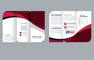 Professional Trifold brochure template with red waves for corporate design. Flyer Mockup.