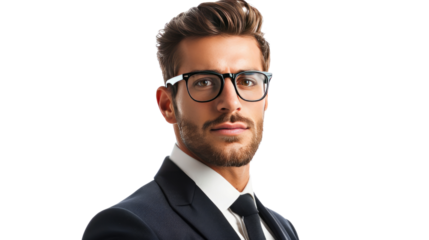 Smart Professional in Formal Attire: A confident, smartly dressed professional with spectacles poses in a studio setting, ready for a new adventure.